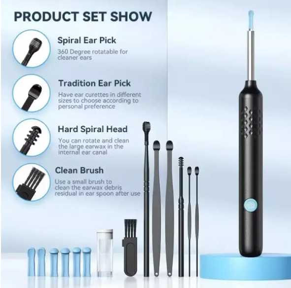 Ear Wax Removal Kit – 8-Piece Ear Cleaner with 1080P Camera, 6 Ear Spoons, iOS & Android Compatible